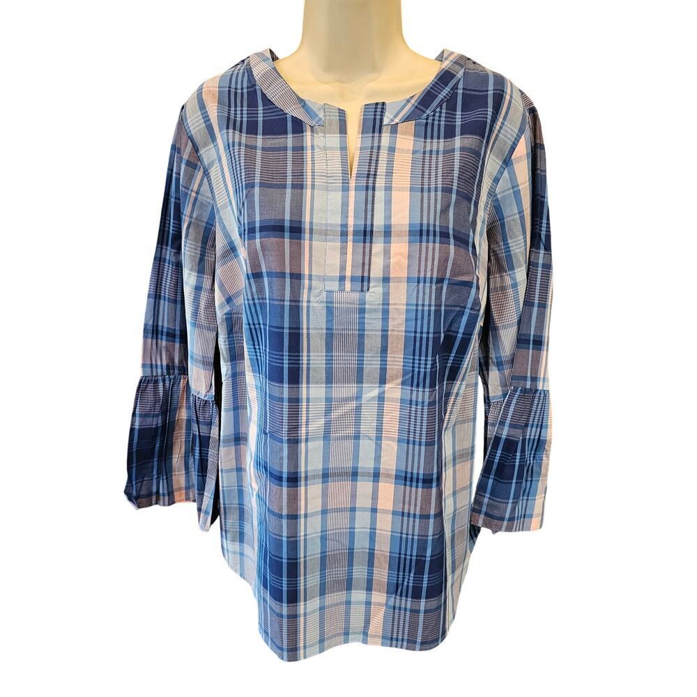 NWOT talbots sz X bell sleeve plaid tunic split neck casual career teacher top
